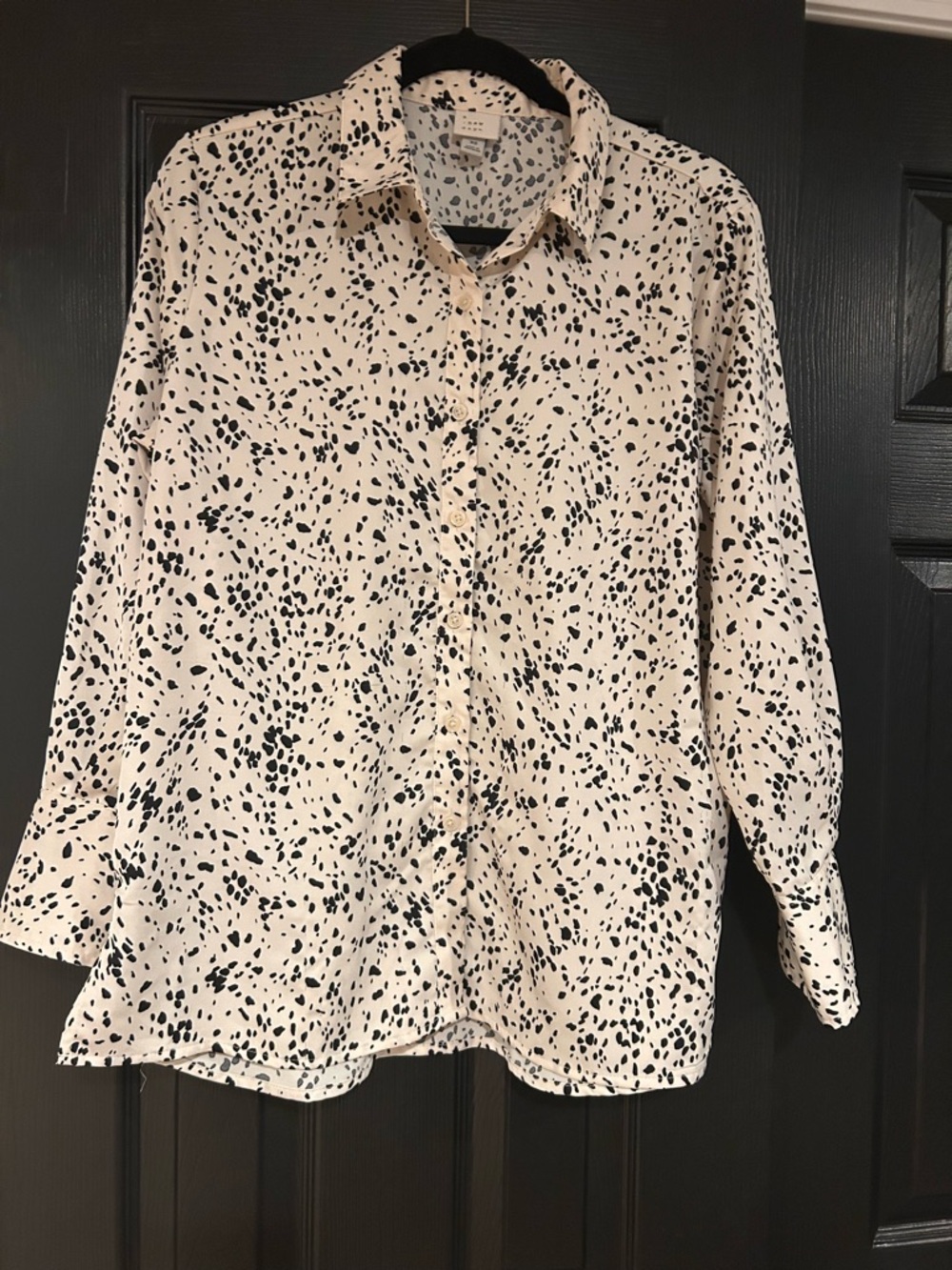 Cream and Black Printed Button-Up Blouse